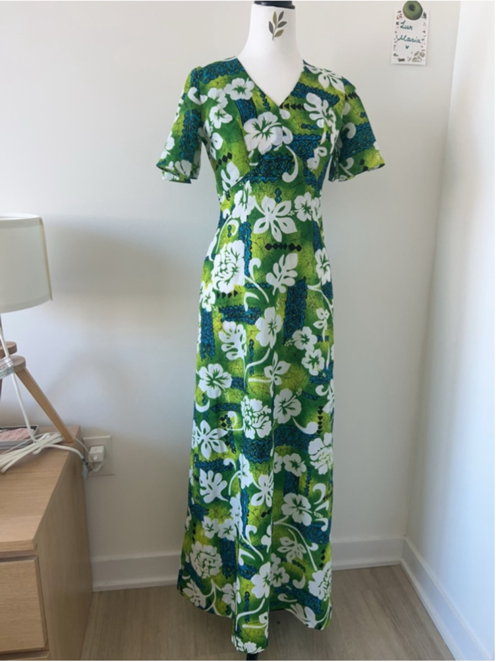 Royal Hawaiian Green Hibiscus Floral Vintage Maxi Dress Size XS-S Beach Costal